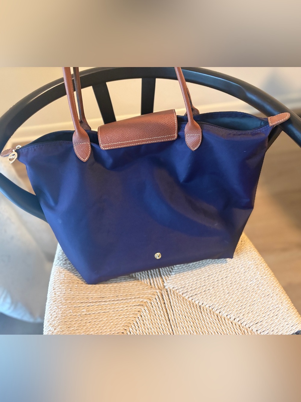 Longchamp Le Pliage Shopping Tote Purple Plum Nylon Large - Brown Leather - Picture 12 of 13